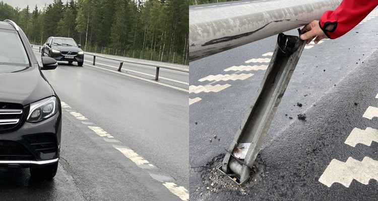 Bilder från olycksplatsen i Dalkarlså där en parkeringsficka i högerkurvatur placerats på en sträcka där två filer just blivit en, på mittseparerad 2 plus 1-väg.