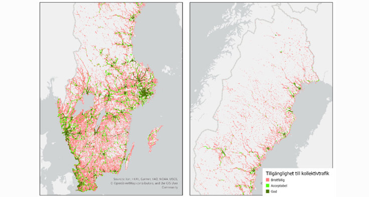 Tillgång till kollektivtrafik per kvadratkilometerruta under 2019. Källa: Trafikanalys med underlag från Samtrans och SCB.