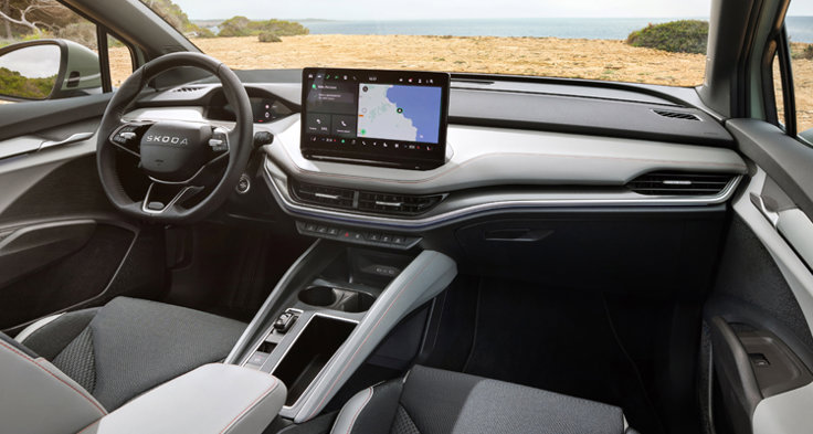 En mjuk och lyxig känsla inne i nya Skoda Elroq.
